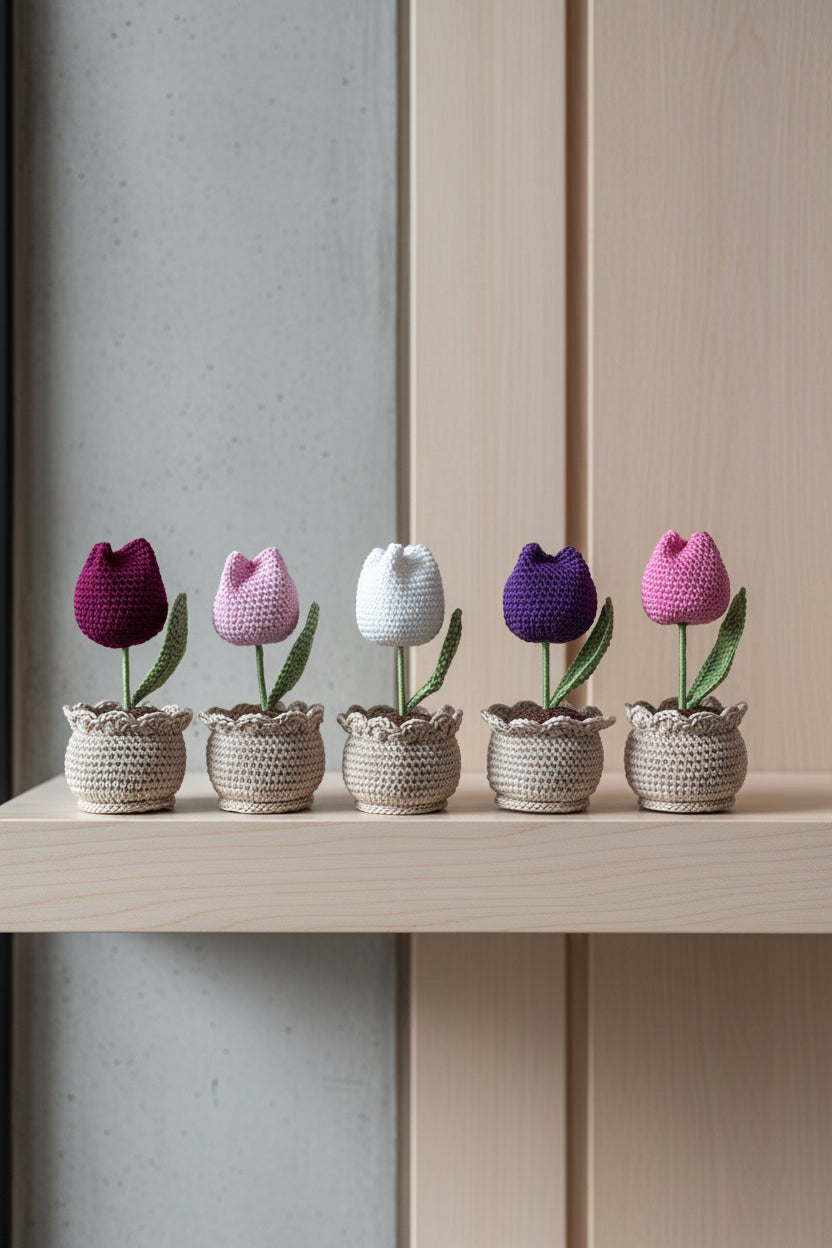Fiori in vaso all'uncinetto con confezione BOMBONIERA
