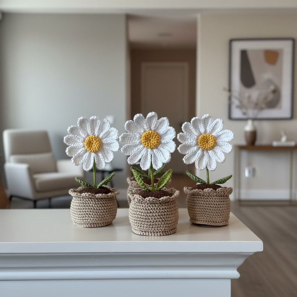 Fiori in vaso all'uncinetto con confezione BOMBONIERA