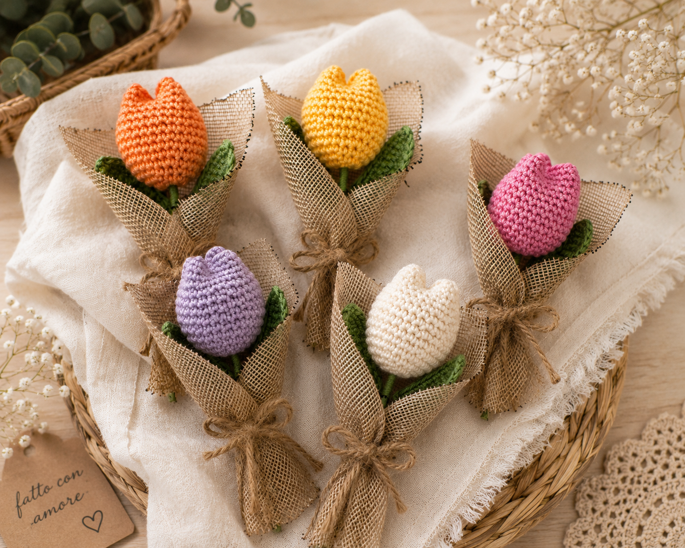 Tulipano all’uncinetto con confezione in juta 🌷